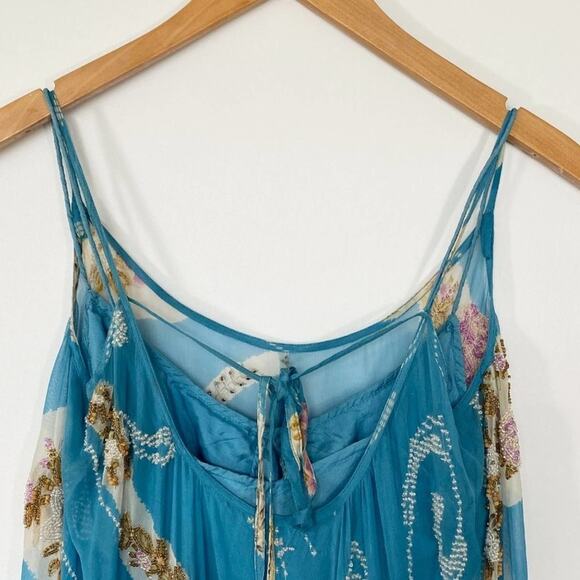 Tracy Reese Blue Beaded Embellished Peacock Silk Camisole Tunic Blouse Top - Picture 8 of 16